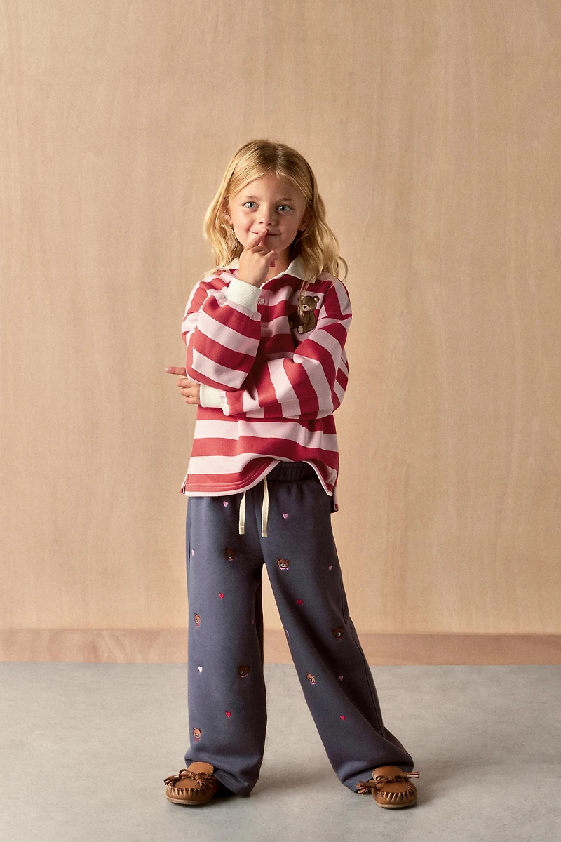 WIDE LEG EMBROIDERED BEAR PLUSH PANTS
