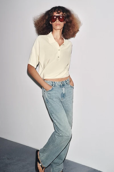 SHORT SLEEVE KNIT POLO TOP