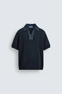 COMBINATION DENIM COLLAR KNIT POLO