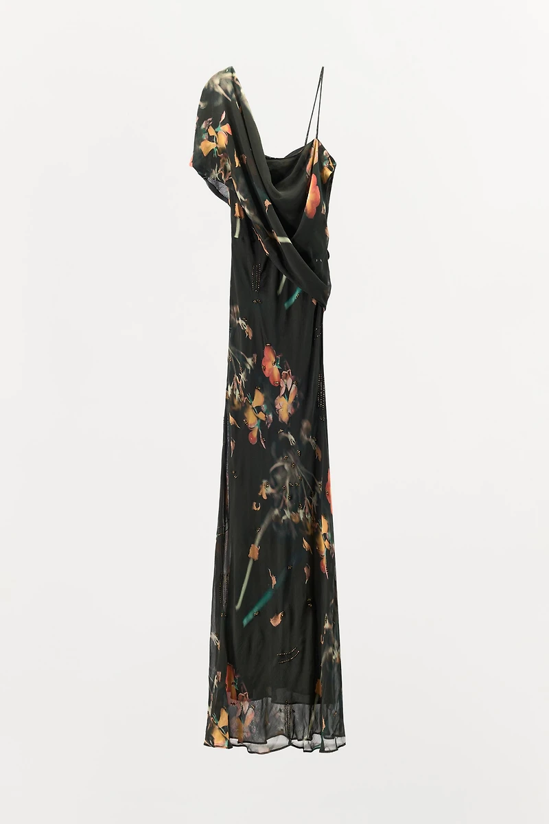 BEADED PRINTED CAPE DRESS