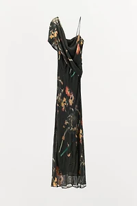 BEADED PRINTED CAPE DRESS