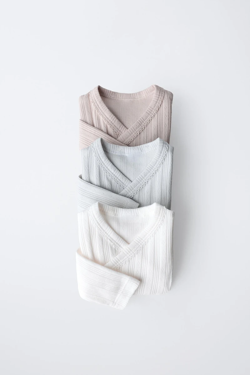 0-6 MONTHS/ THREE-PACK OF LONG SLEEVE KIMONO COLLAR BODYSUITS