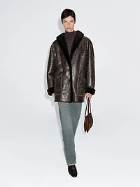 Mouton leather coat with crackled finish