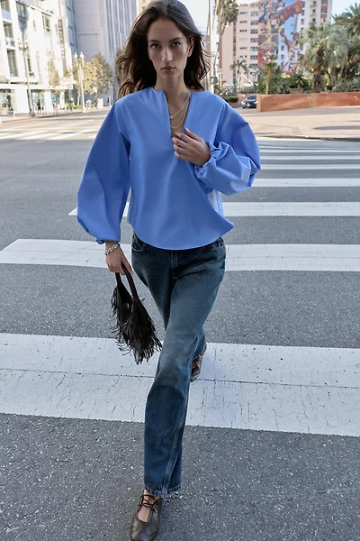 POPLIN BALLOON SLEEVE SHIRT