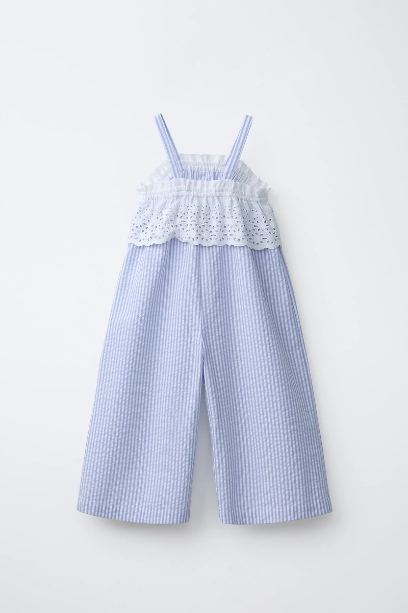 COMBINATION STRIPED AND SWISS EMBROIDERED JUMPSUIT