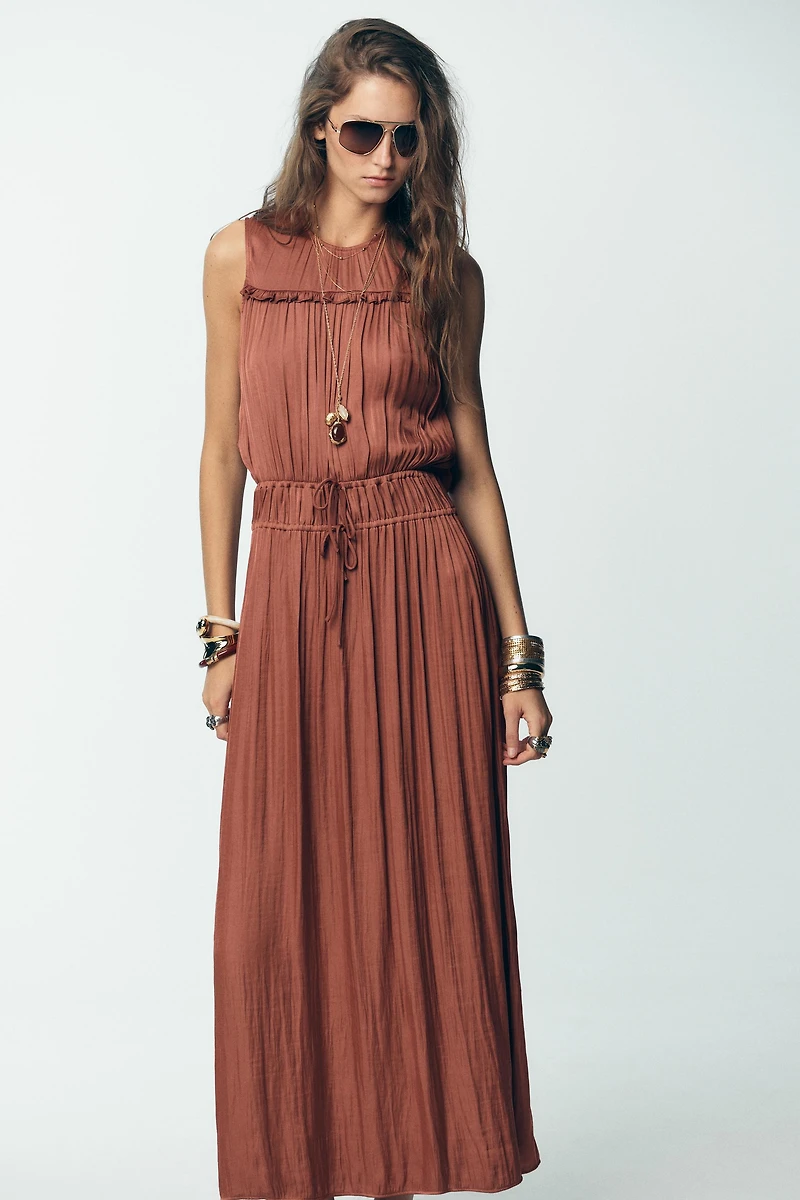 SATIN EFFECT MIDI DRESS WITH BACK RUFFLE