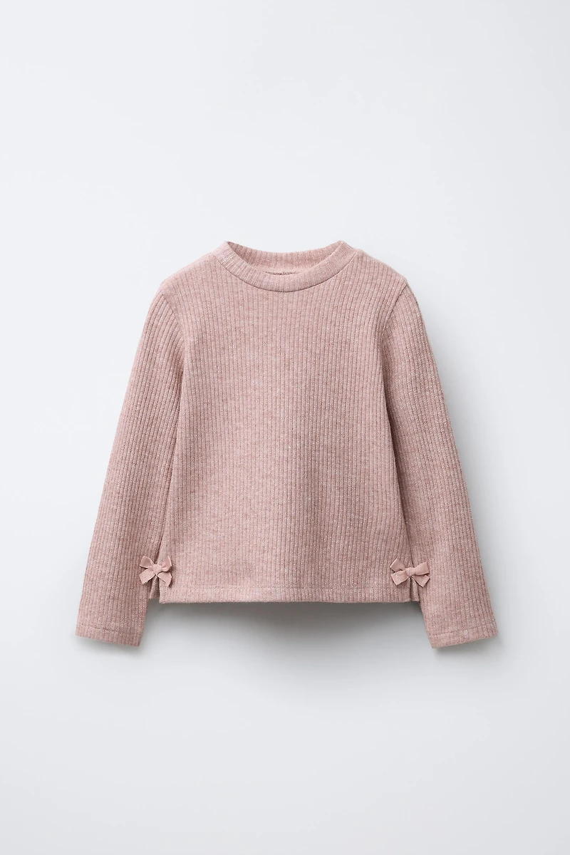 RIBBED SHIMMER BOW T-SHIRT