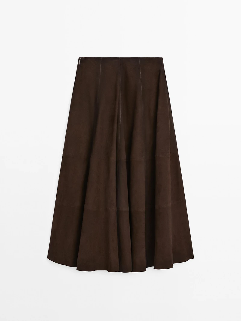 Suede leather flared midi skirt