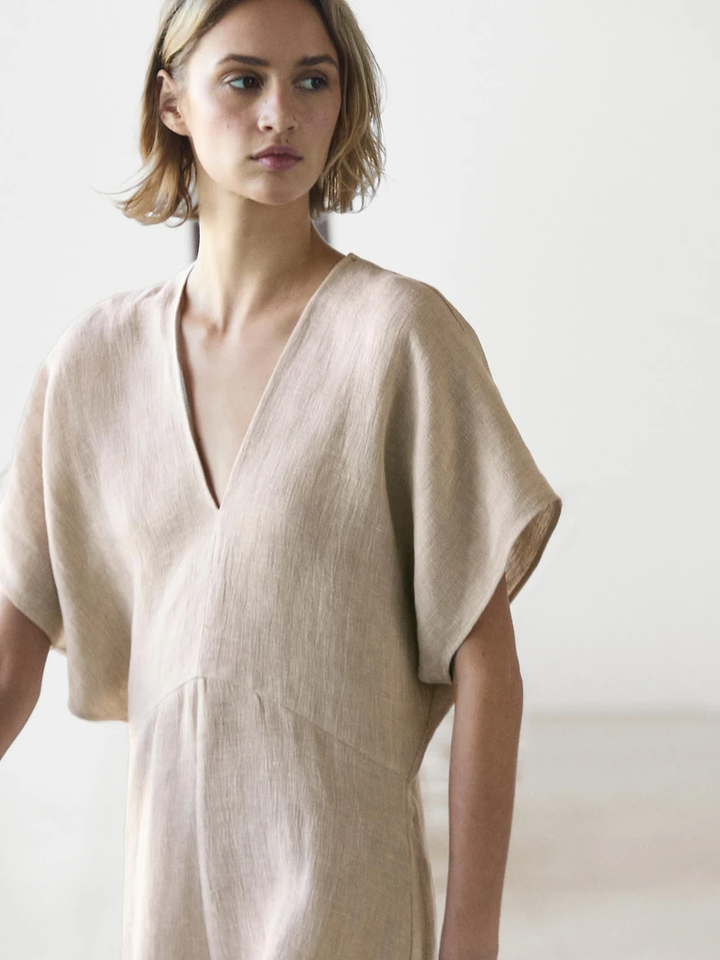 Lightweight short sleeve linen midi dress