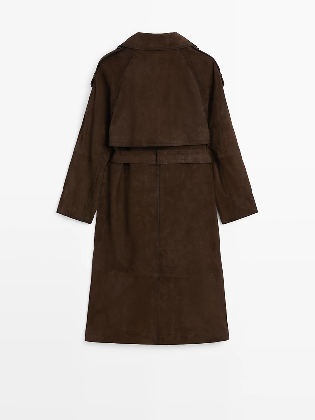 Shop Zara Long suede leather trench coat at Beverly Center in Los