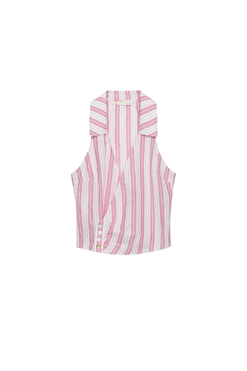 STRIPED BUTTON-FRONT WRAP TOP