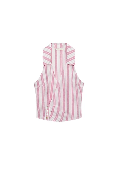 STRIPED BUTTON-FRONT WRAP TOP