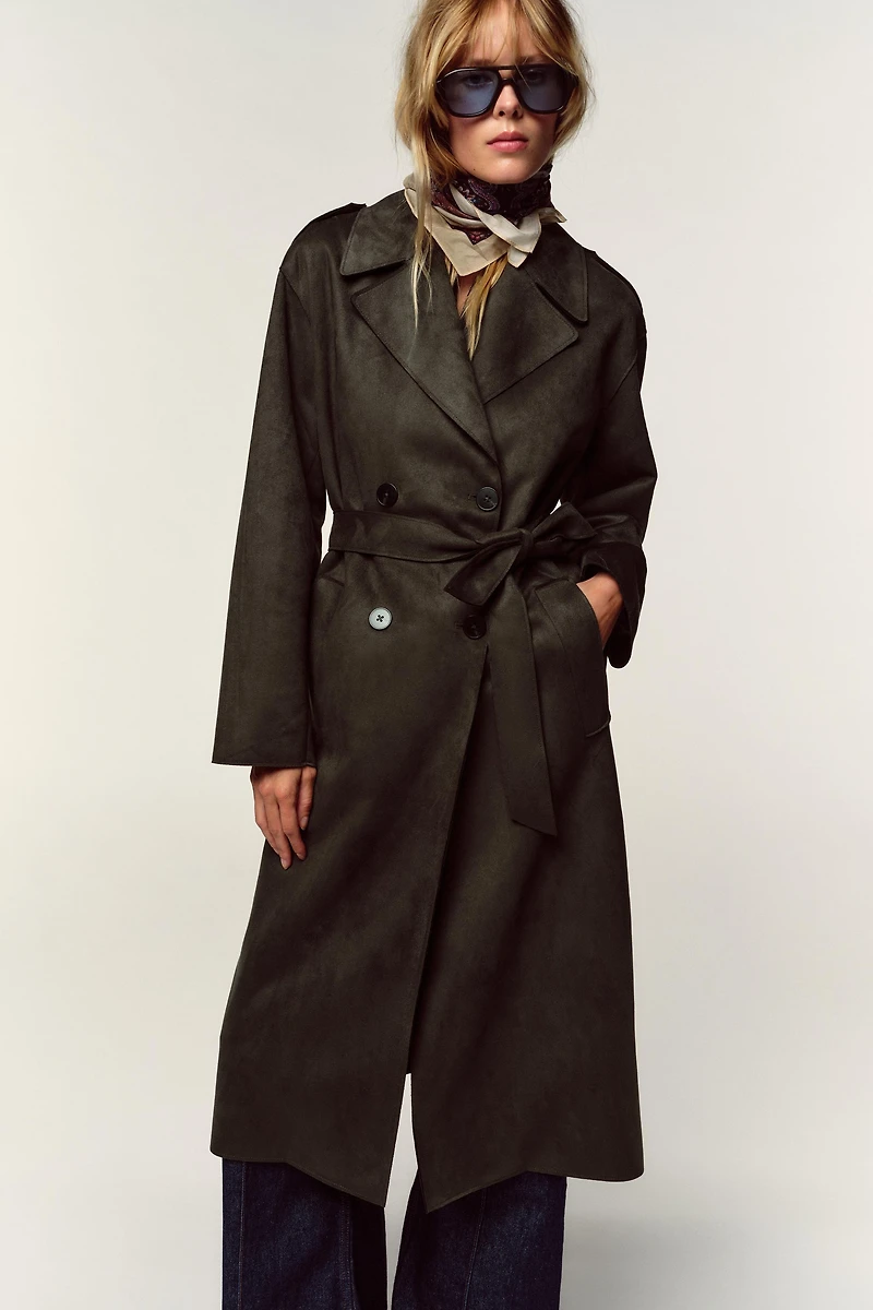 LONG FAUX SUEDE TRENCH COAT