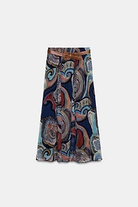 METALLIC THREAD PRINTED MIDI SKIRT WITH BELT