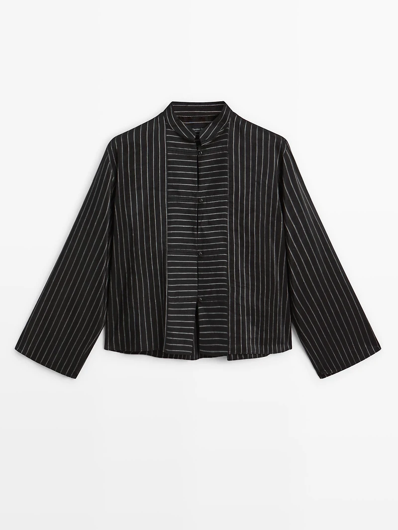 Striped shirt with stand collar and bib detail