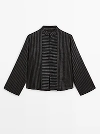 Striped shirt with stand collar and bib detail