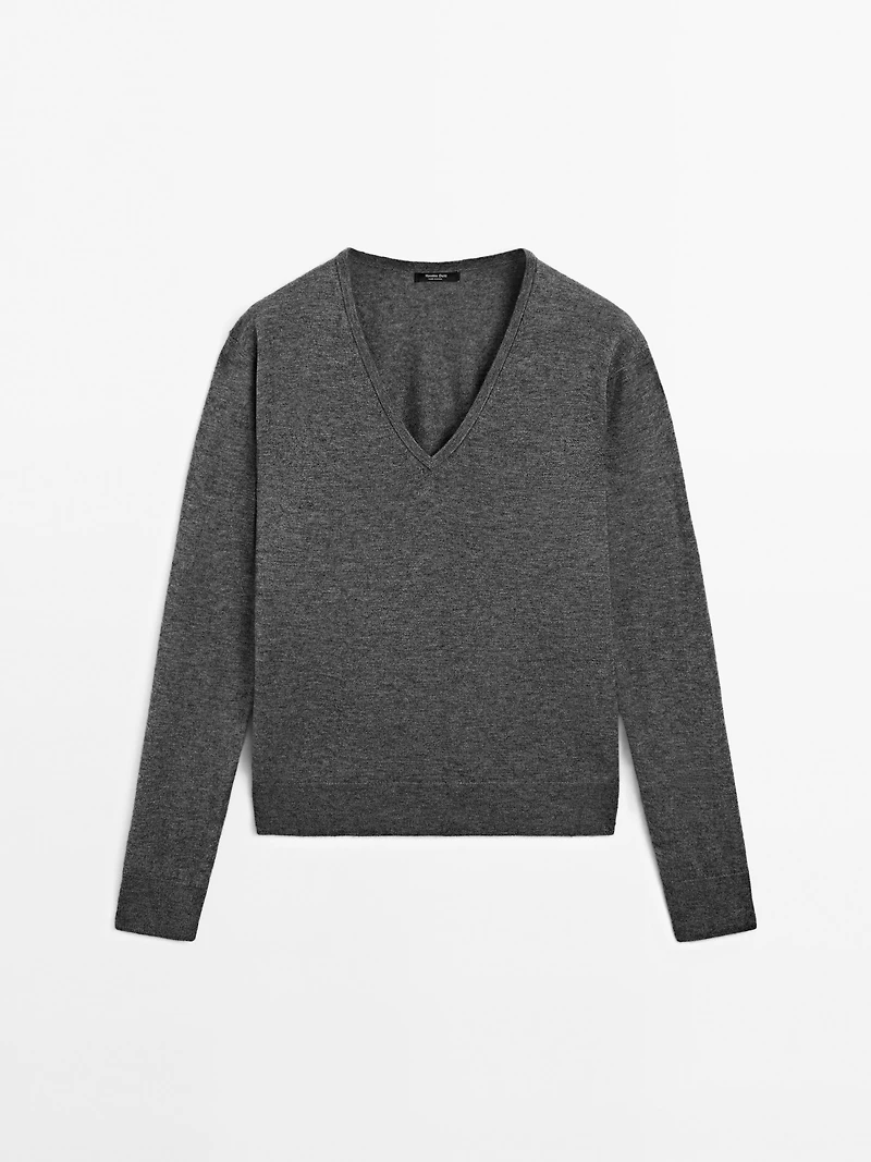 Wool blend V-neck knit sweater