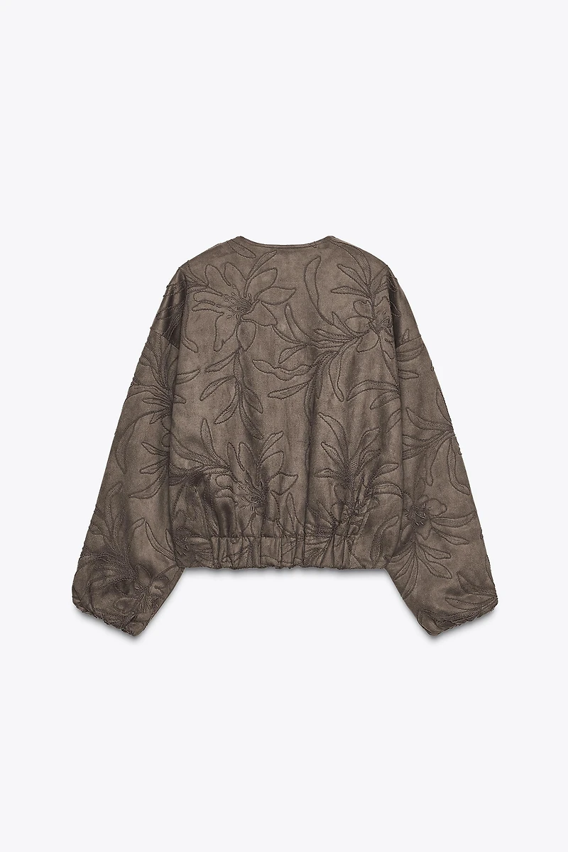 EMBROIDERED FAUX SUEDE BOMBER JACKET