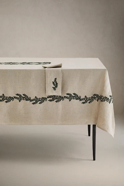 LINEN TABLECLOTH WITH GREEN LEAVES CHRISTMAS
