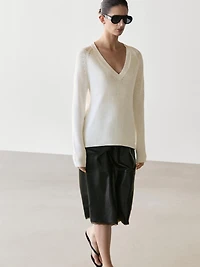 Jupe midi en cuir nappa avec détail dentelle