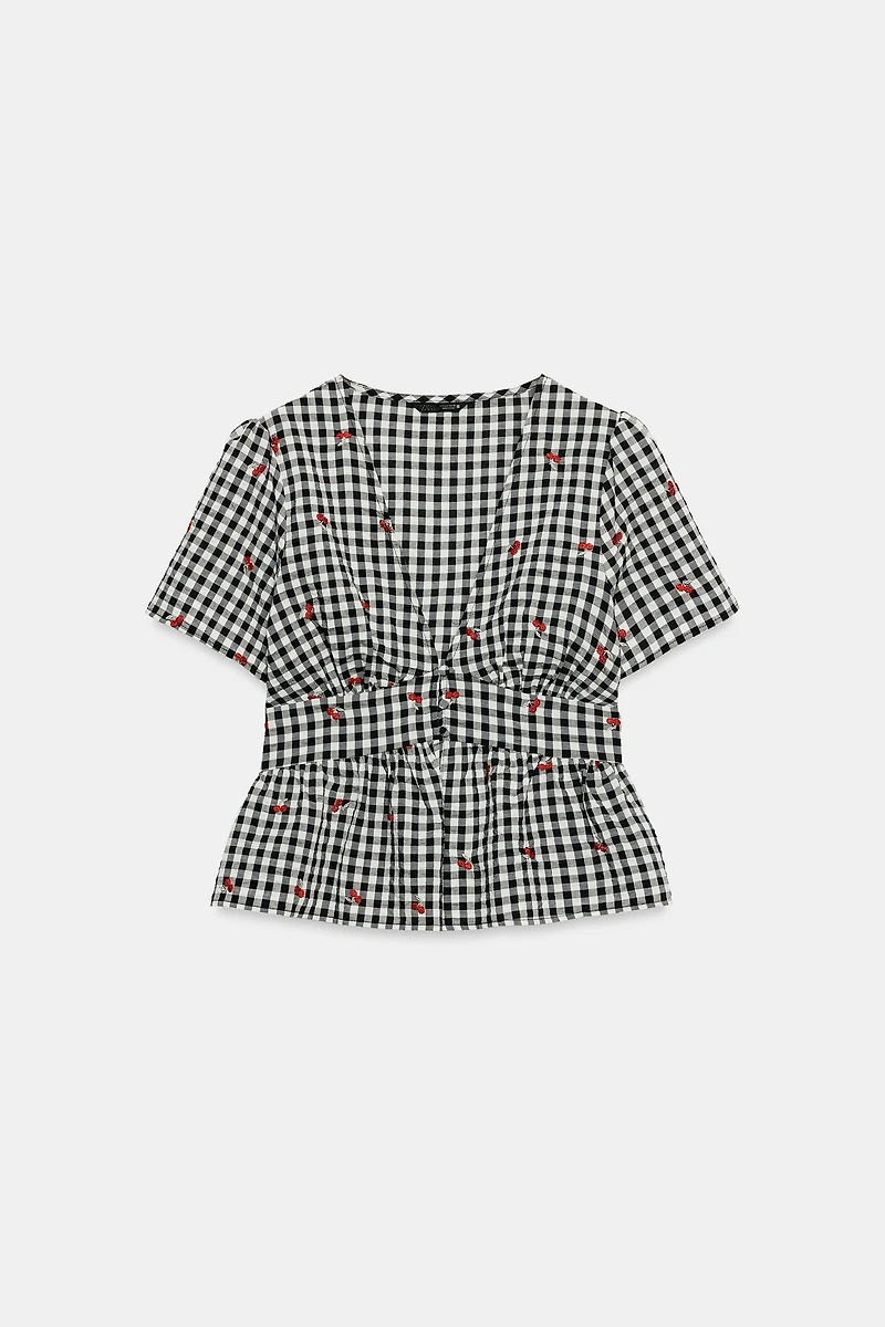 TOP À CARREAUX VICHY BRODERIES CERISES