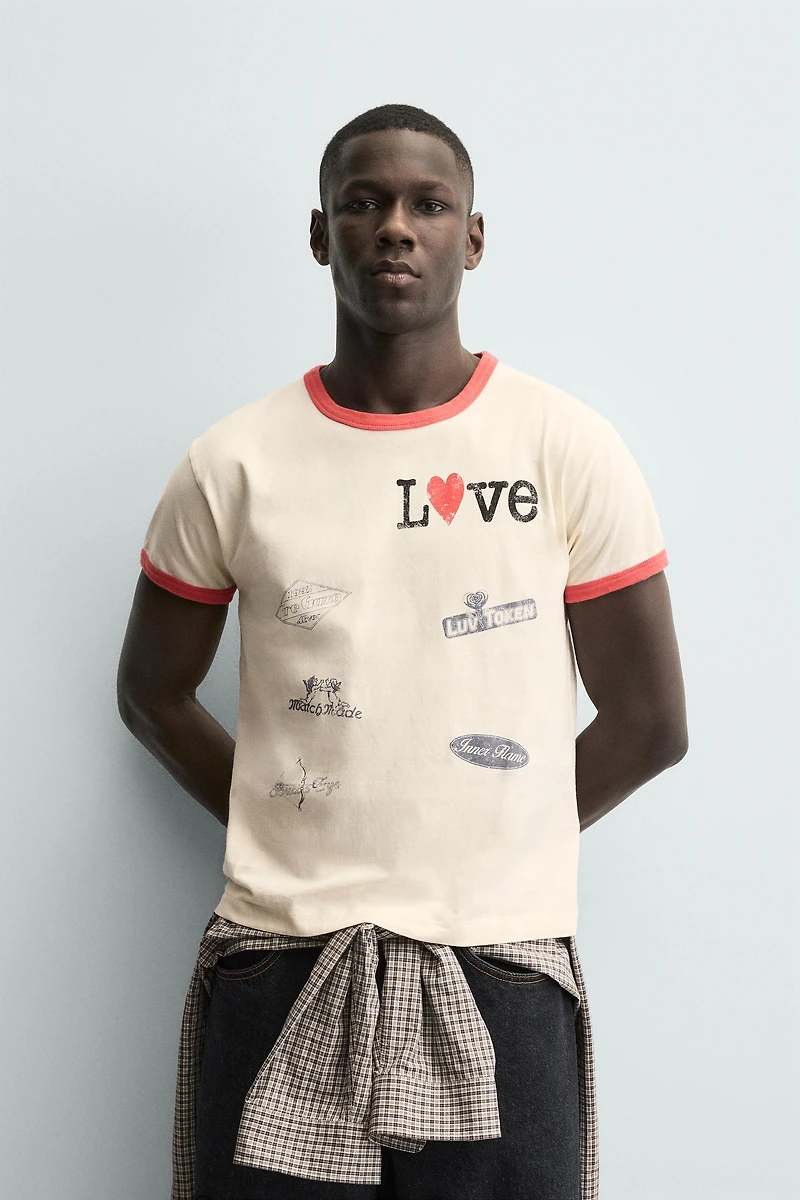 CONTRAST HEART RIBBED T-SHIRT