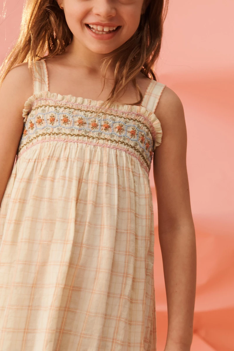 ROBE LONGUE À CARREAUX ET FLEURS BRODÉES LIMITED EDITION