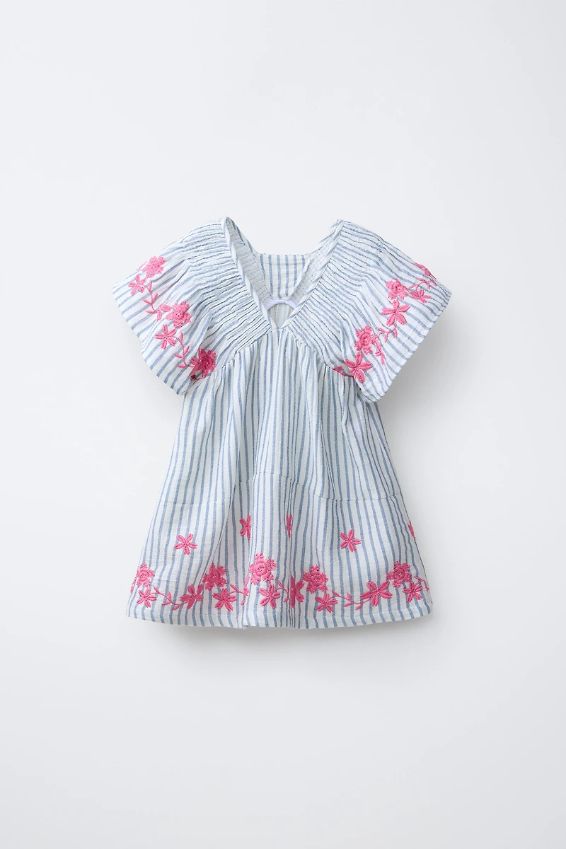 ROBE RAYURES FLEURS BRODÉES