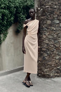 ASYMMETRIC LINEN-BLEND MIDI DRESS WITH APPLIQUÉ