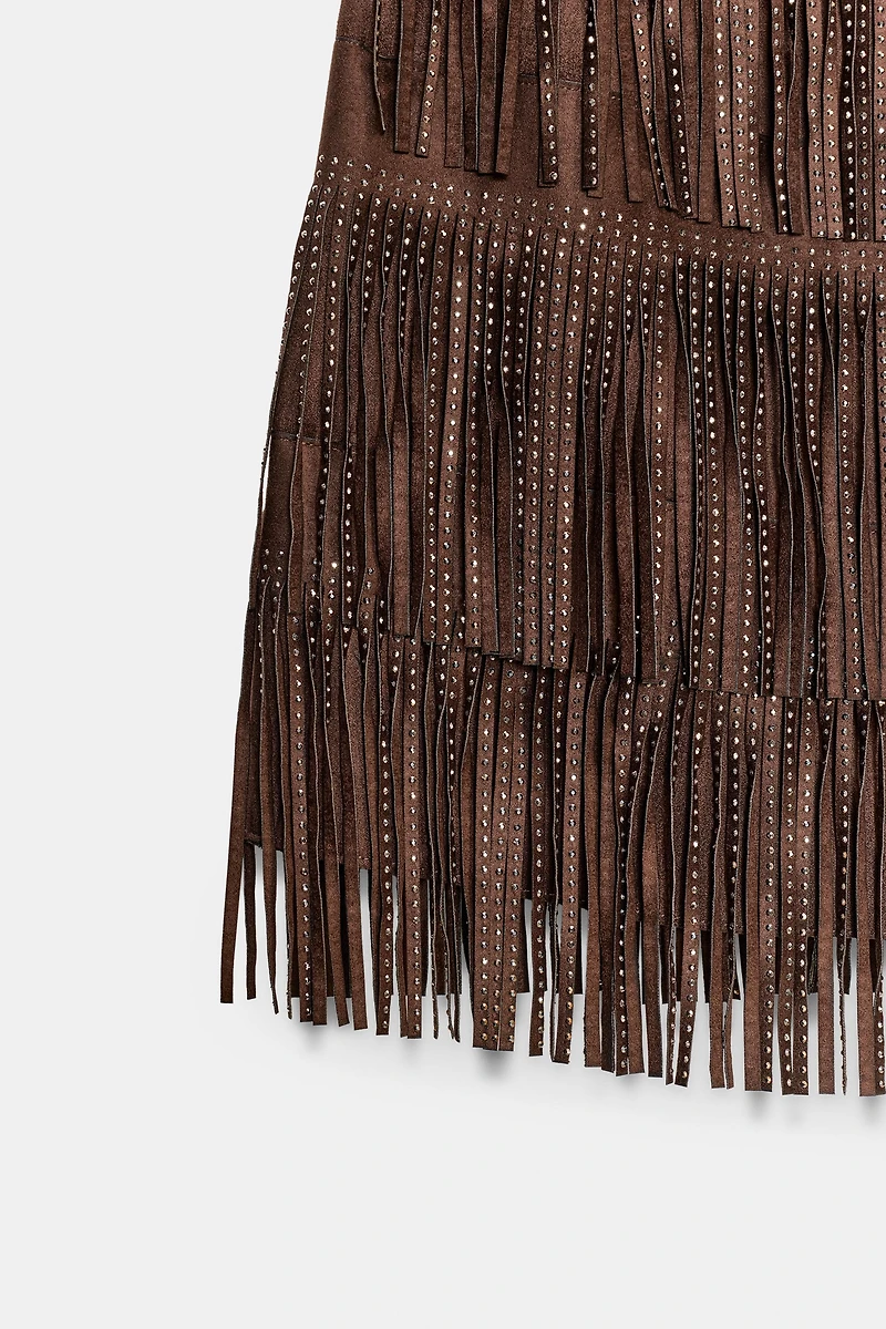 SHIMMERING FAUX SUEDE FRINGE SKIRT