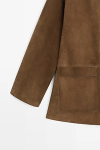 Veste à col officier en cuir finition daim