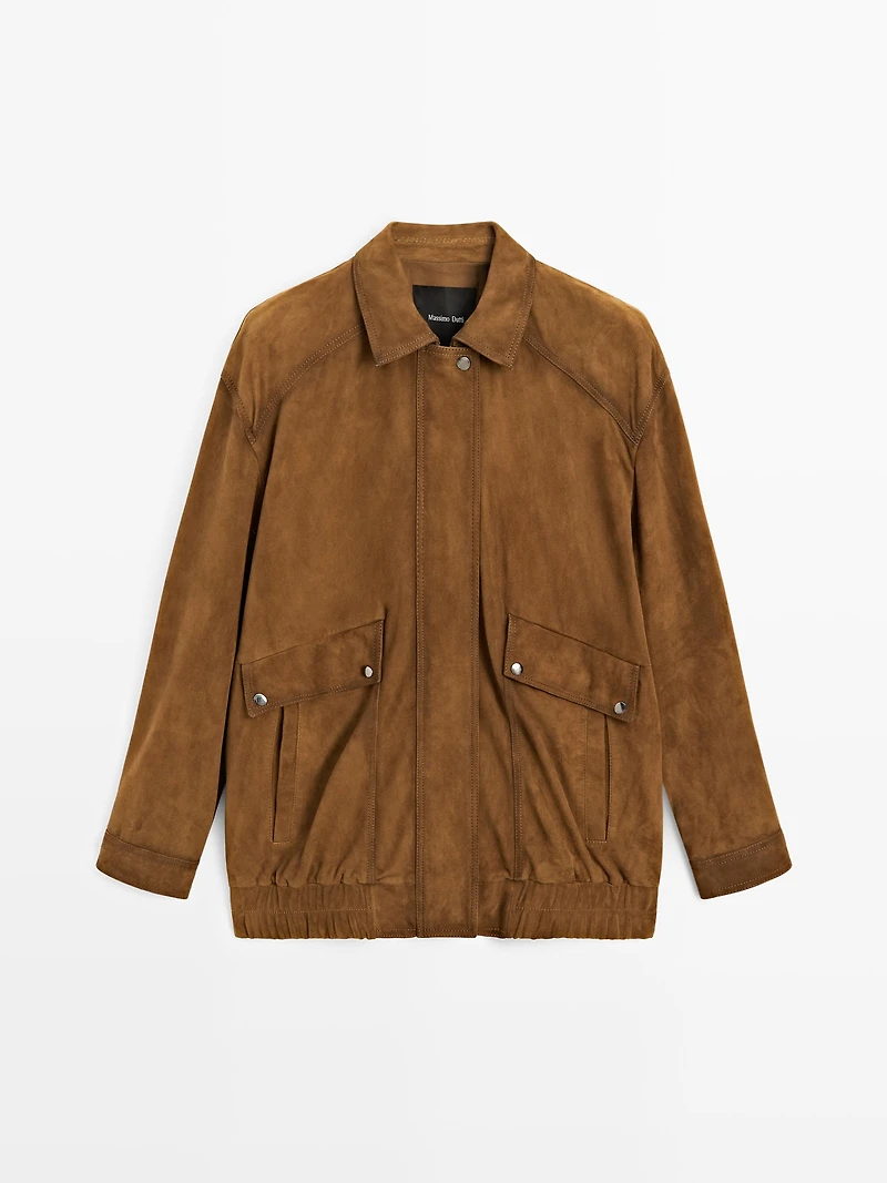 Suede leather bomber jacket with pockets