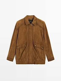 Suede leather bomber jacket with pockets
