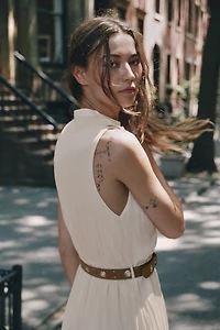BELTED RUFFLED MIDI DRESS
