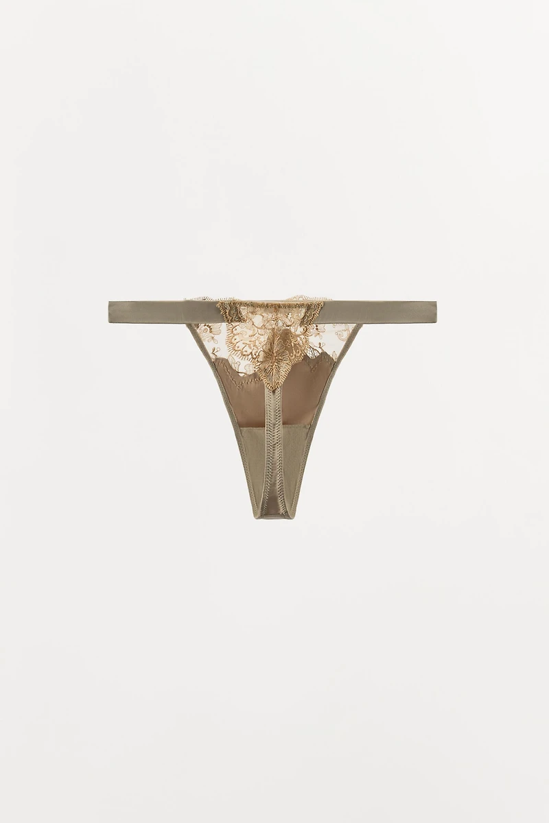 EMBROIDERED SATIN EFFECT THONG