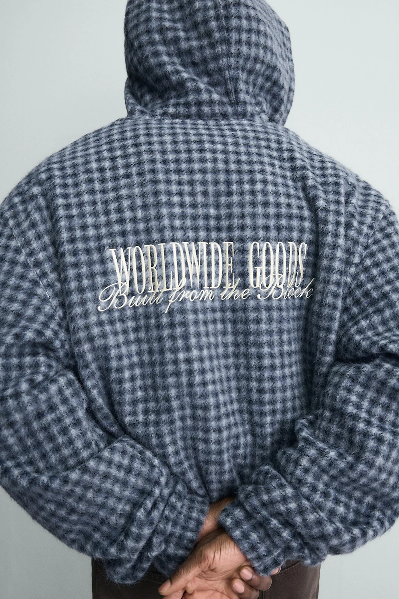 HOODED EMBROIDERED PLAID OVERSHIRT