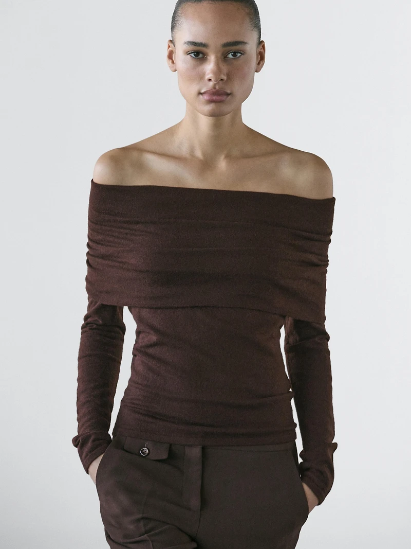 Knit wool blend off-the-shoulder sweater