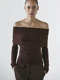 Knit wool blend off-the-shoulder sweater