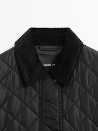 Long lightweight puffer jacket with corduroy detail
