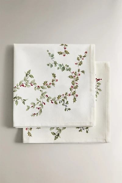 LOT DE SERVIETTES DE TABLE COTON FEUILLES DE HOUX NOËL (LOT DE 2)