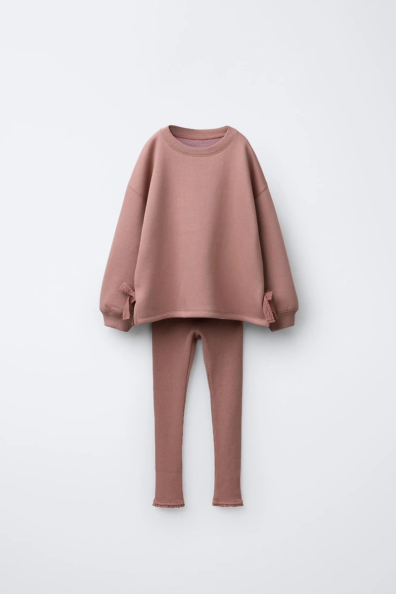 LACE BOW SWEATSHIRT AND WAFFLE LEGGING SET