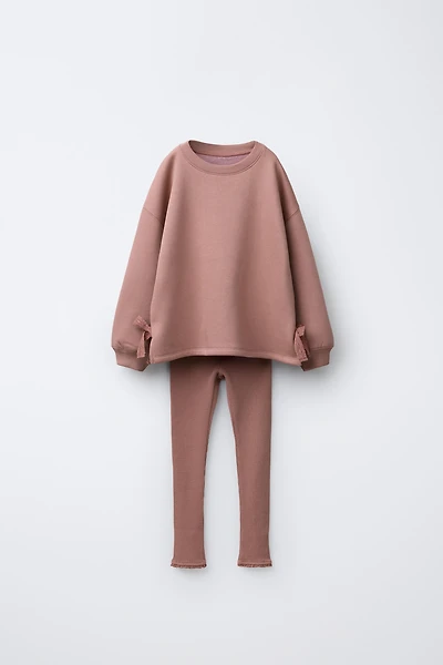 LACE BOW SWEATSHIRT AND WAFFLE LEGGING SET