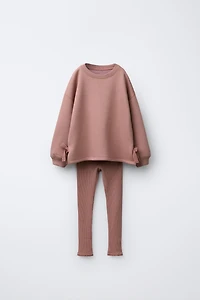 LACE BOW SWEATSHIRT AND WAFFLE LEGGING SET