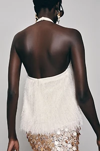 METALLIC THREAD FEATHER HALTER TOP