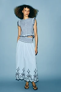 EMBROIDERED PLAID MIDI SKIRT