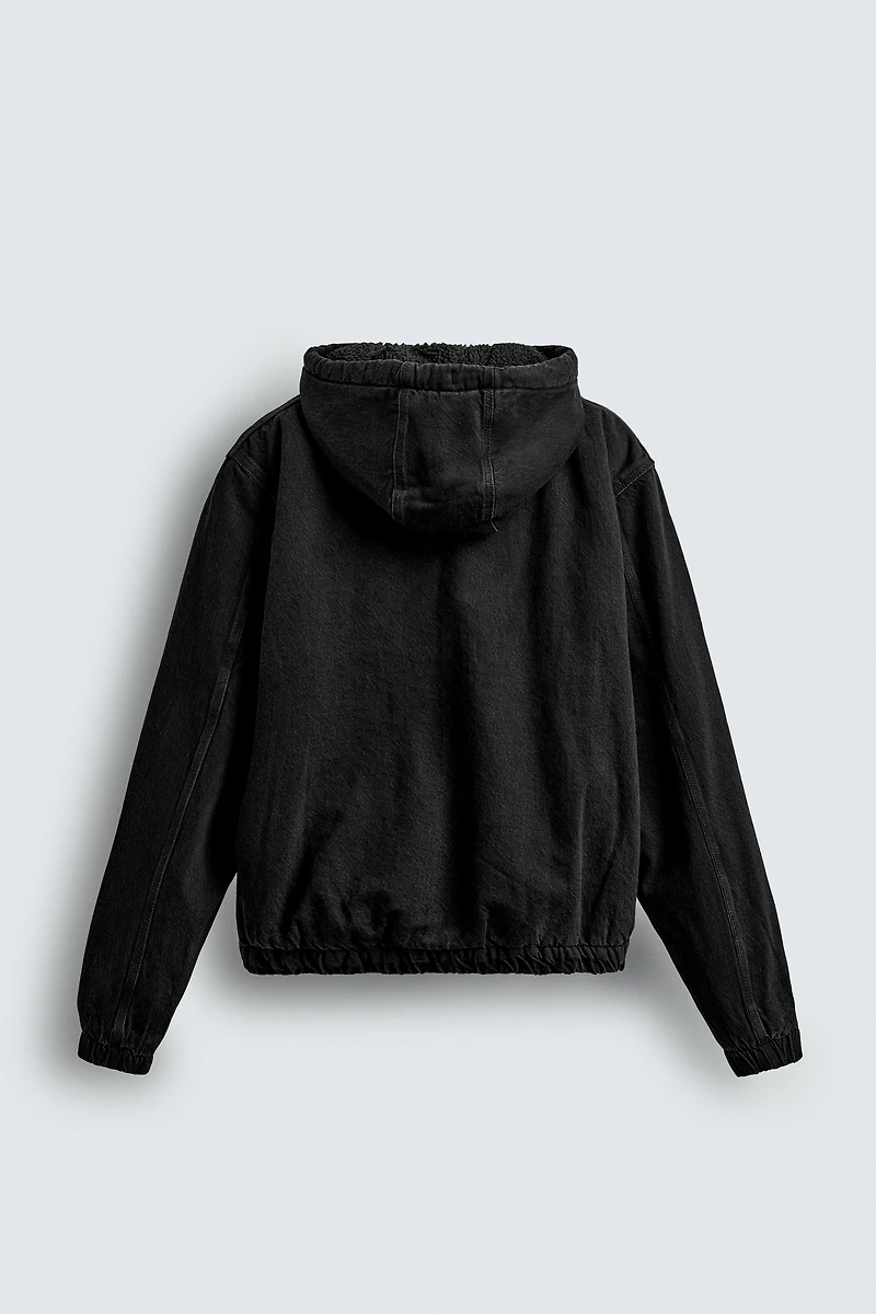 FLEECE LINED DENIM JACKET WITH HOODIE