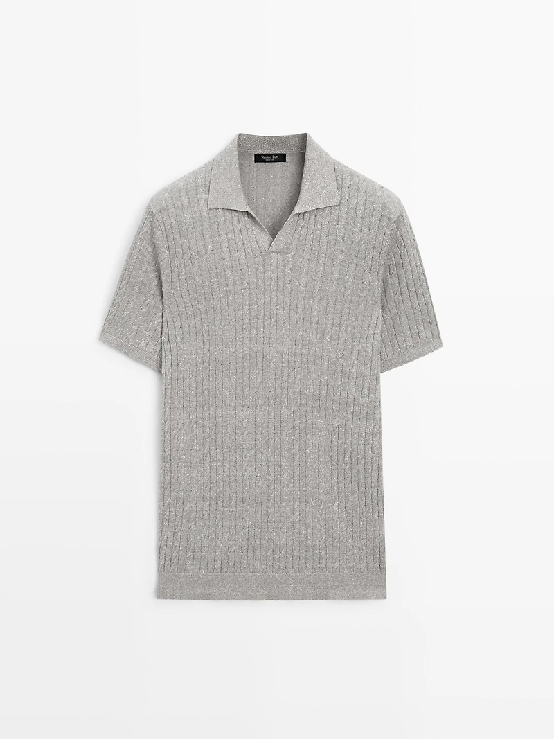 Pull polo en maille tressée lin et coton