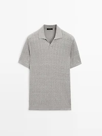 Pull polo en maille tressée lin et coton