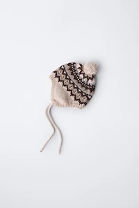 JACQUARD KNIT BONNET WITH POMPOM