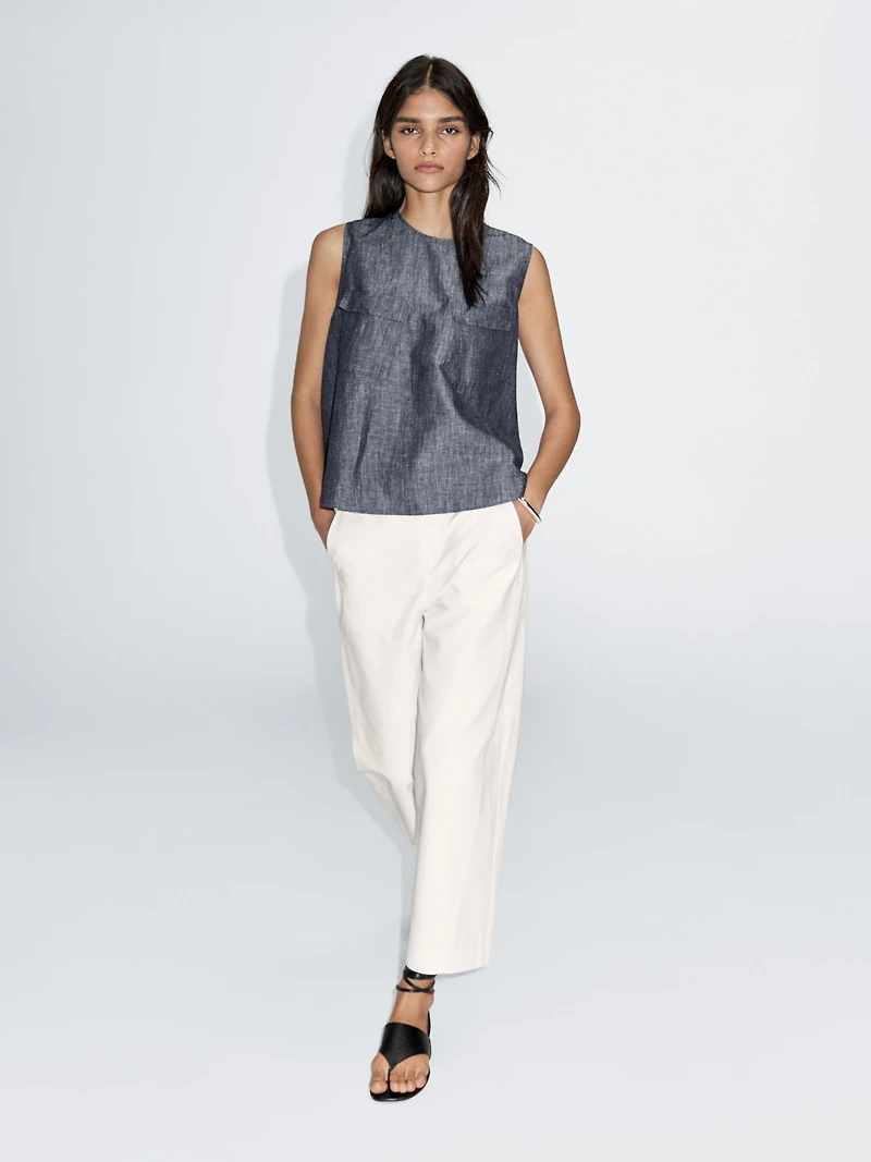 Cotton and linen denim blouse with pockets